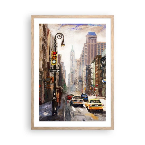 Plakat i ramme af lyst egetræ - New York - også farverig i regnvejr - 50x70 cm