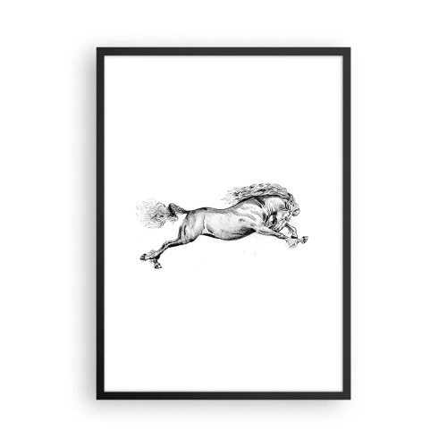 Plakat i sort ramme - Illustration af en galoperende hest i sort-hvid - 50x70cm - Stoppet i galop - Moderne vægdekoration til stue og soveværelse ARTTOR