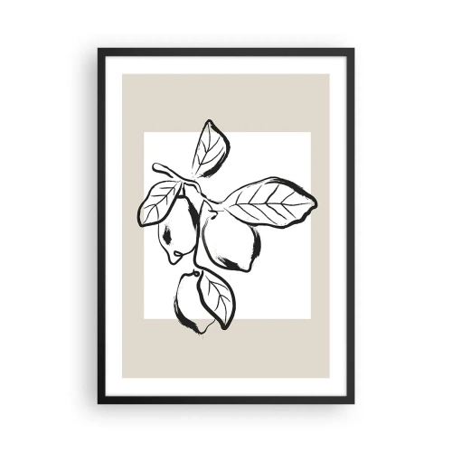Plakat i sort ramme - En minimalistisk illustration af en citrongren i sort-hvid stil. - 50x70cm - Hvor citronen modner... - Moderne vægdekoration til stue og soveværelse ARTTOR