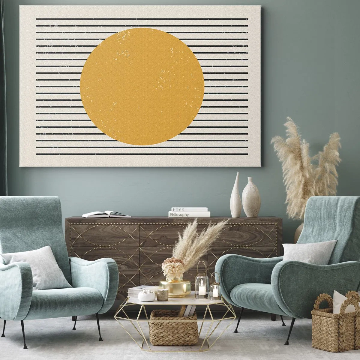 Lærredstryk - Billede på lærred - En gul cirkel på en baggrund af sorte og hvide vandrette linjer - 70x50cm - Enkelthedens kraft - Moderne vægdekoration til stue og soveværelse ARTTOR
