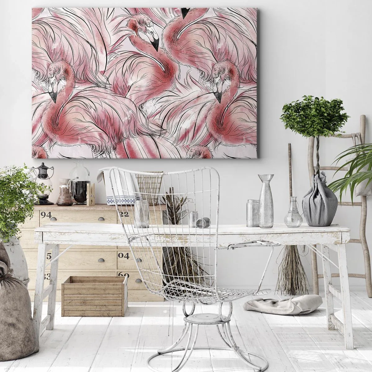 Lærredstryk - Billede på lærred - Delikate tegninger af lyserøde flamingoer - 70x50cm - Fugle corps de ballet - Moderne vægdekoration til stue og soveværelse ARTTOR