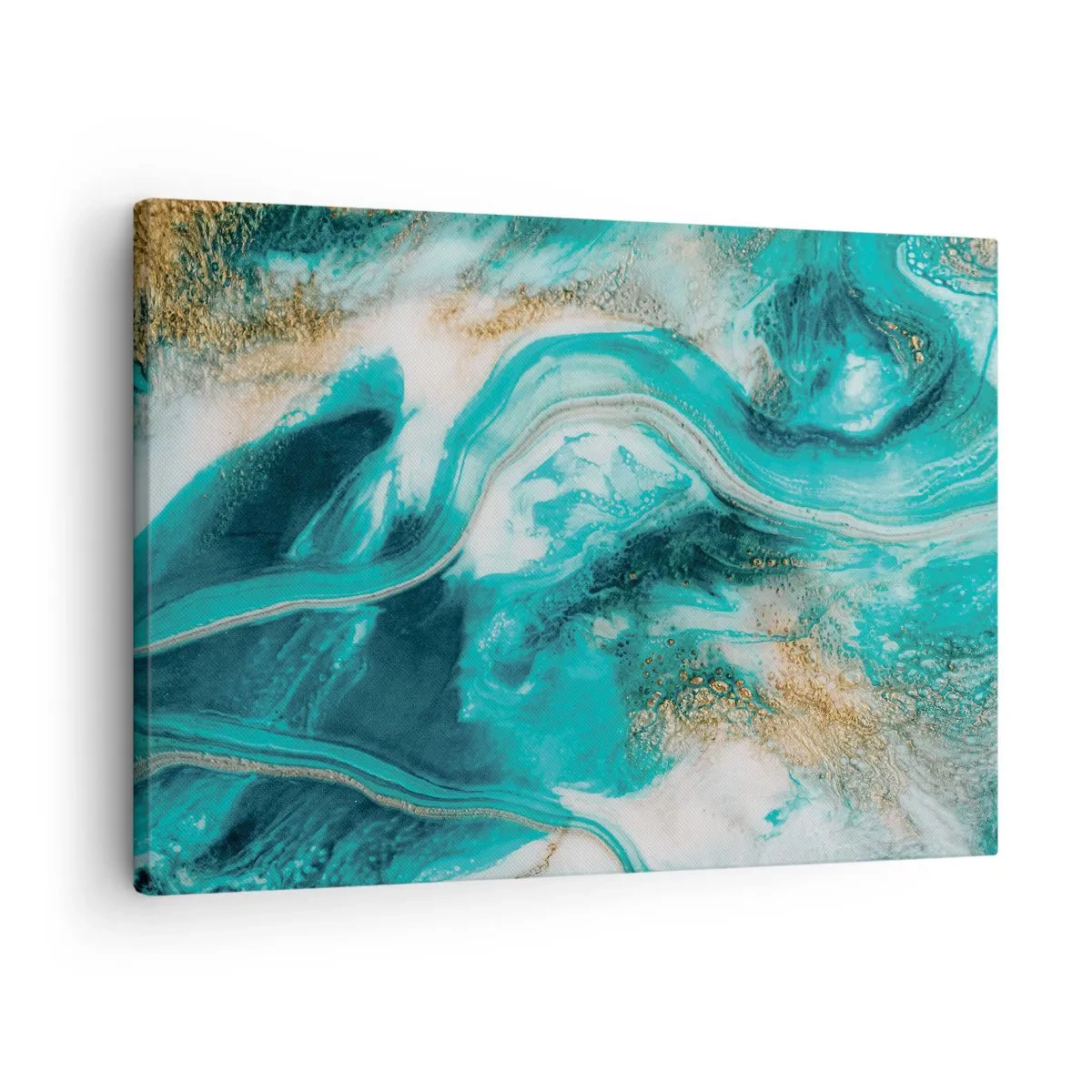 Lærredstryk - Billede på lærred - Turkis abstraktion med hvide og guld accenter - 70x50cm - Flod af guld - Moderne vægdekoration til stue og soveværelse ARTTOR