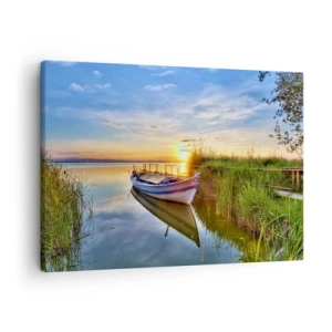 Lærredstryk - Billede på lærred - En båd i en stille bugt ved solnedgang - 70x50cm - Bugt med opfyldte drømme - Moderne vægdekoration til stue og soveværelse ARTTOR