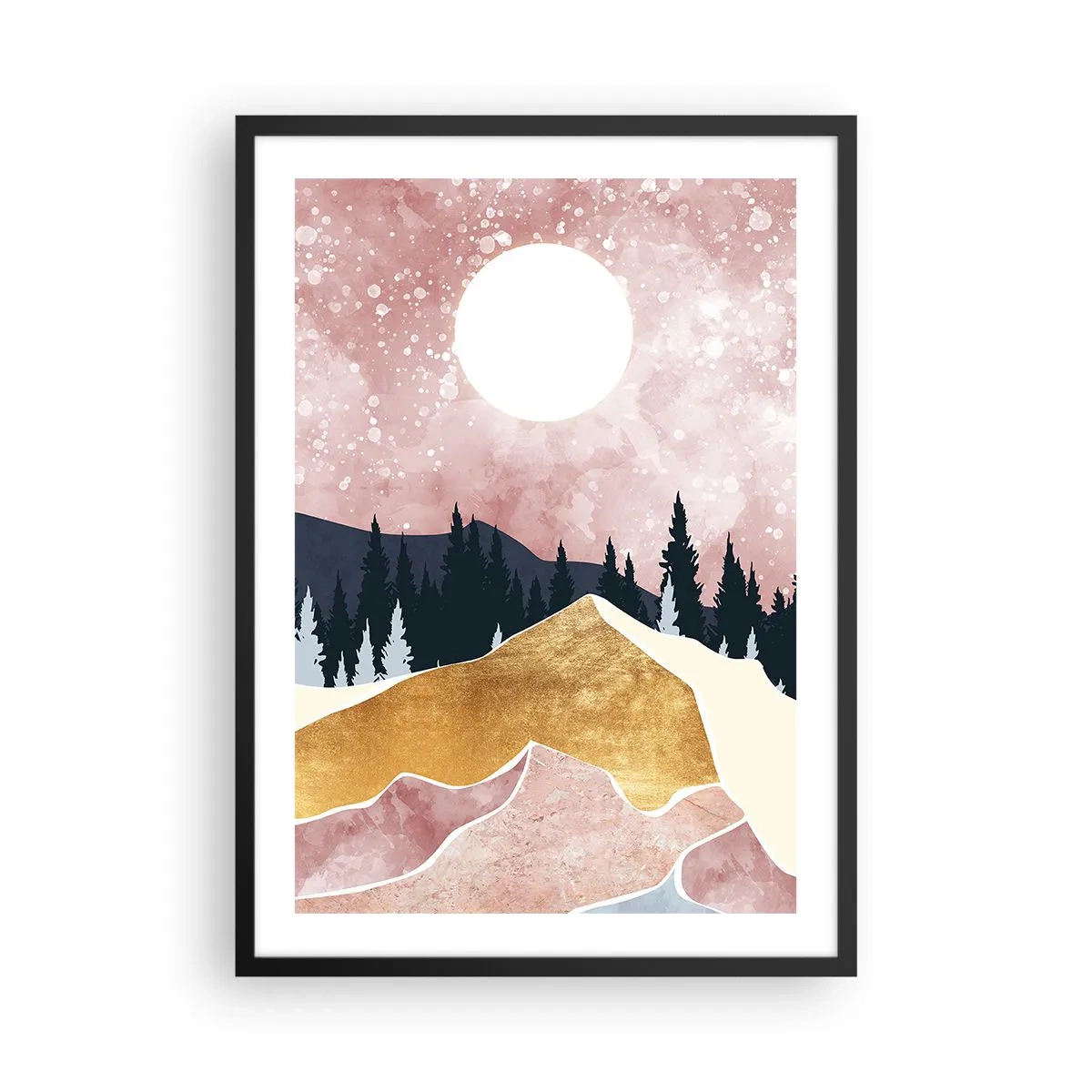 Plakat i sort ramme - Abstrakt landskab med skov, bjerge og gyldne accenter - 50x70cm - Nattevagt - Moderne vægdekoration til stue og soveværelse ARTTOR