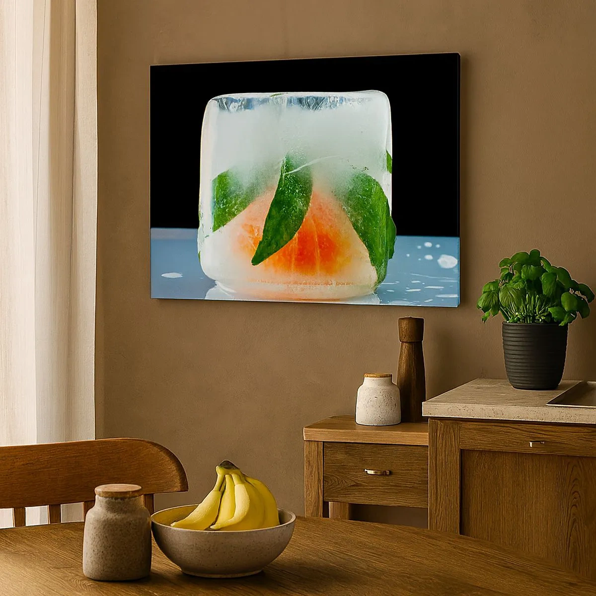 Lærredstryk - Billede på lærred - Isterning med appelsin og blade - 70x50cm - Frisk og kølig - Moderne vægdekoration til stue og soveværelse ARTTOR