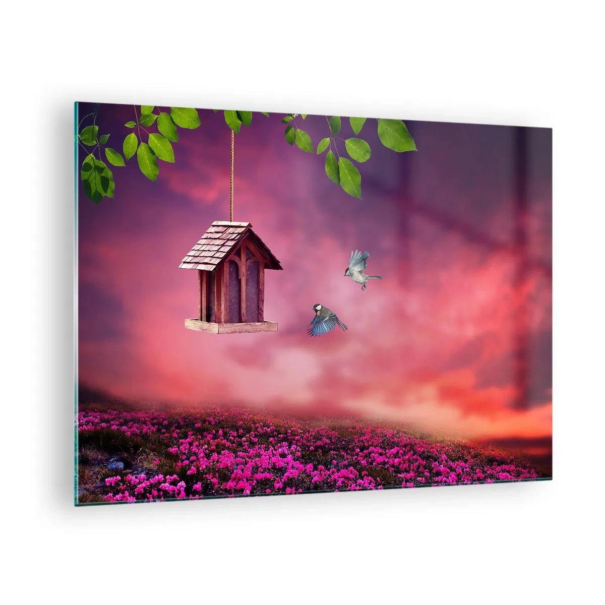 Billede på glas - En fuglefoderautomat mod en lyserød himmel - 70x50cm - Invitation til middag - Moderne vægdekoration til stue og soveværelse ARTTOR