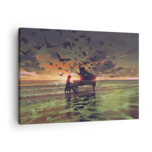 Lærredstryk - Billede på lærred - Et klaver på kysten ved solnedgang med fugle - 70x50cm - Koncert for klaver og bølger - Moderne vægdekoration til stue og soveværelse ARTTOR