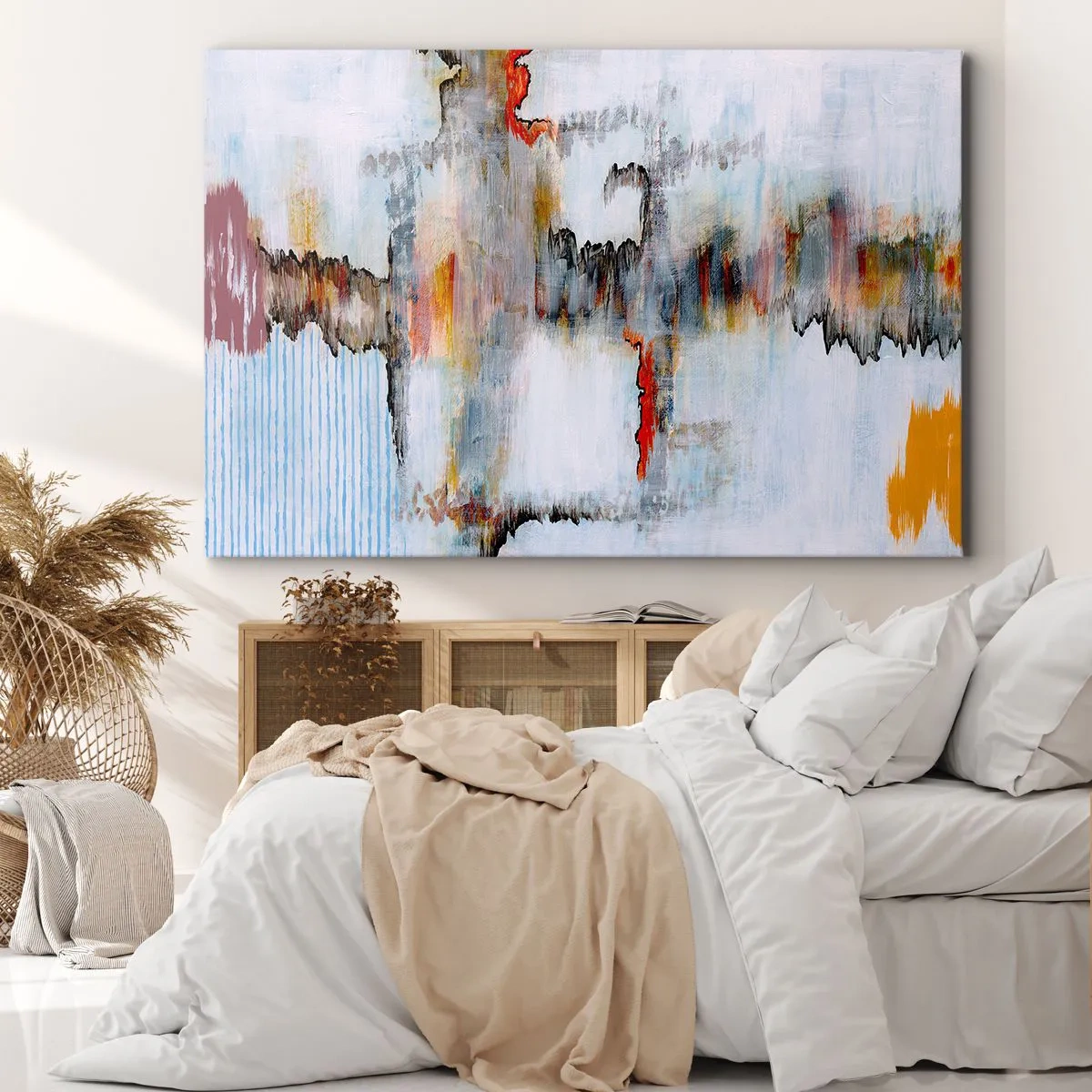 Lærredstryk - Billede på lærred - Abstrakt mønster med levende farver på en lys baggrund - 70x50cm - En pind på vandet - Moderne vægdekoration til stue og soveværelse ARTTOR