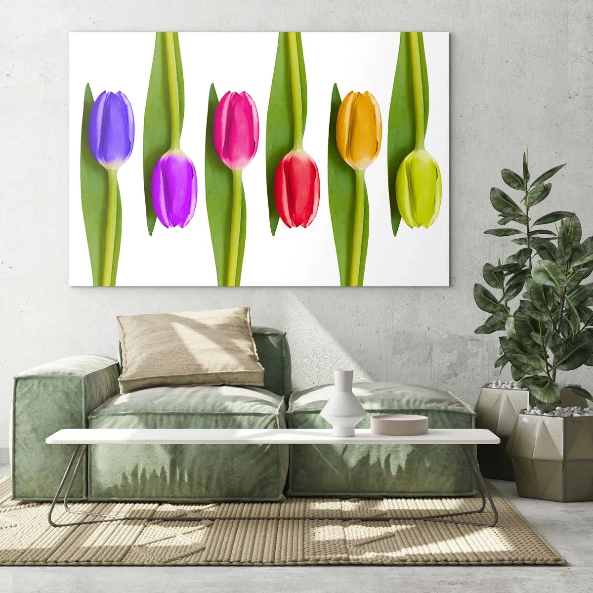 Billede på glas - Farverige tulipaner arrangeret på en hvid baggrund - 70x50cm - Regnbuesammensætning - Moderne vægdekoration til stue og soveværelse ARTTOR
