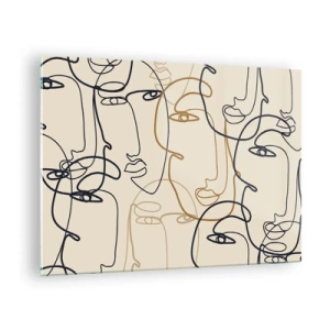 Billede på glas - Konturerede ansigter tegnet i ét strøg på beige - 70x50cm - Portræt ganget med hinanden - Moderne vægdekoration til stue og soveværelse ARTTOR