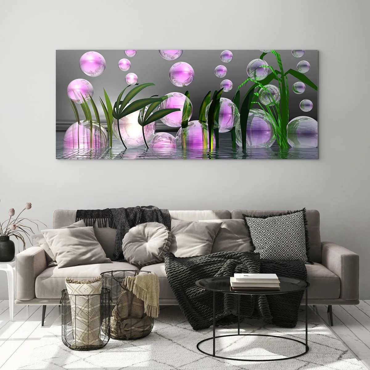 Billede på glas - En reflekterende komposition af lethed og liv - 90x30 cm