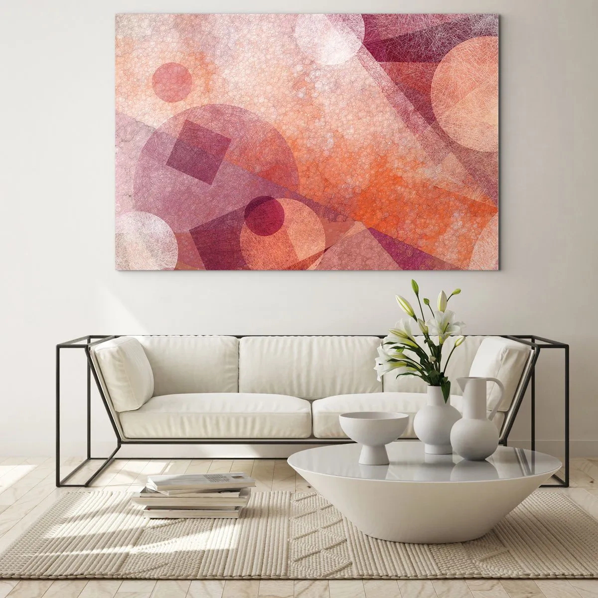 Billede på glas - Abstrakt geometrisk komposition i nuancer af lyserød og orange - 70x50cm - Geometriske transformationer i pink - Moderne vægdekoration til stue og soveværelse ARTTOR