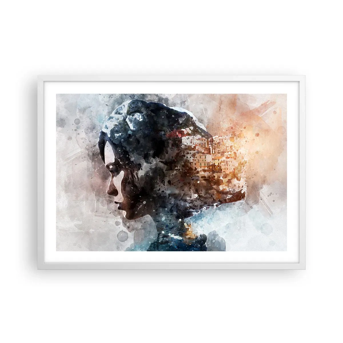 Plakat i hvid ramme - Historien om en pige med en by i baggrunden - 70x50 cm