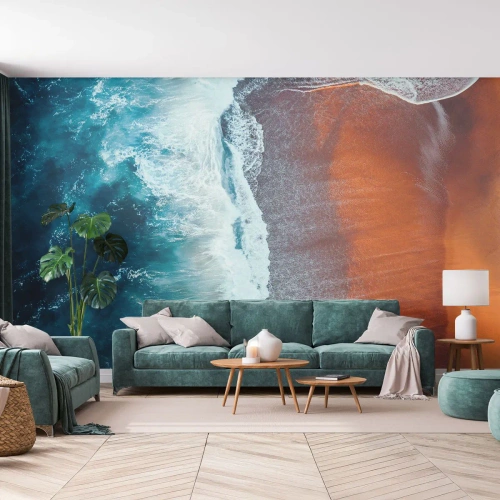 Fototapet Standard Eco - Havbølger slår ind på den orange strand - 100x70cm - Et strejf af havet - Moderne vægdekoration til stue og soveværelse ARTTOR