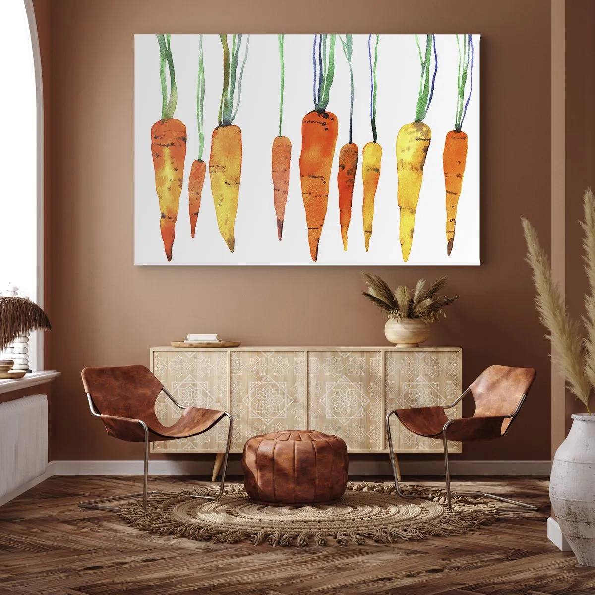 Lærredstryk - Billede på lærred - Akvarelgulerødder i forskellige nuancer på en hvid baggrund - 70x50cm - Skønheden ved det almindelige - Moderne vægdekoration til stue og soveværelse ARTTOR
