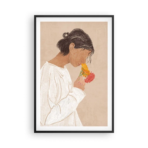 Plakat i sort ramme - Pige og blomster - 61x91 cm
