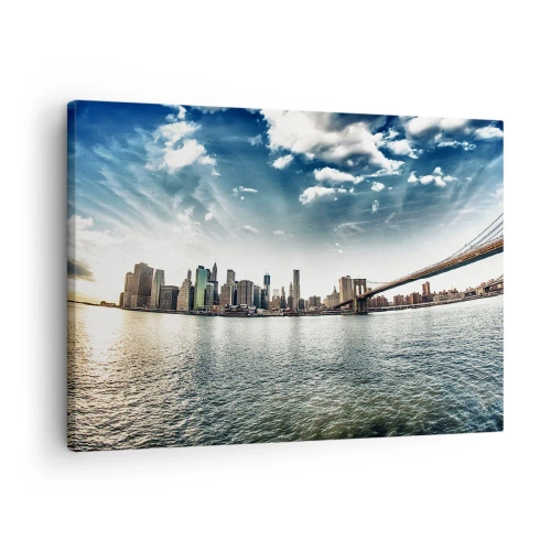 Lærredstryk - Billede på lærred - Panorama over byen med en bro mod den blå himmel - 70x50cm - Glas ø - Moderne vægdekoration til stue og soveværelse ARTTOR
