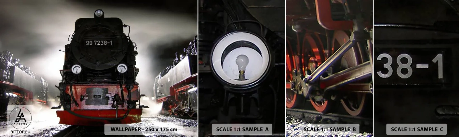 Fototapet Prøve Standard Eco - Han står og gisper, han gisper og puster. - Damplokomotiv, Jernbanestation, Automotive - 100x30 cm