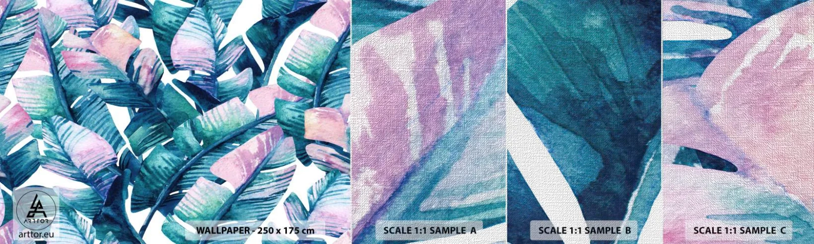 Prøve Fototapet Premium Canvas - I en bananlund - Abstraktion, Blade, Stykke - 100x30 cm