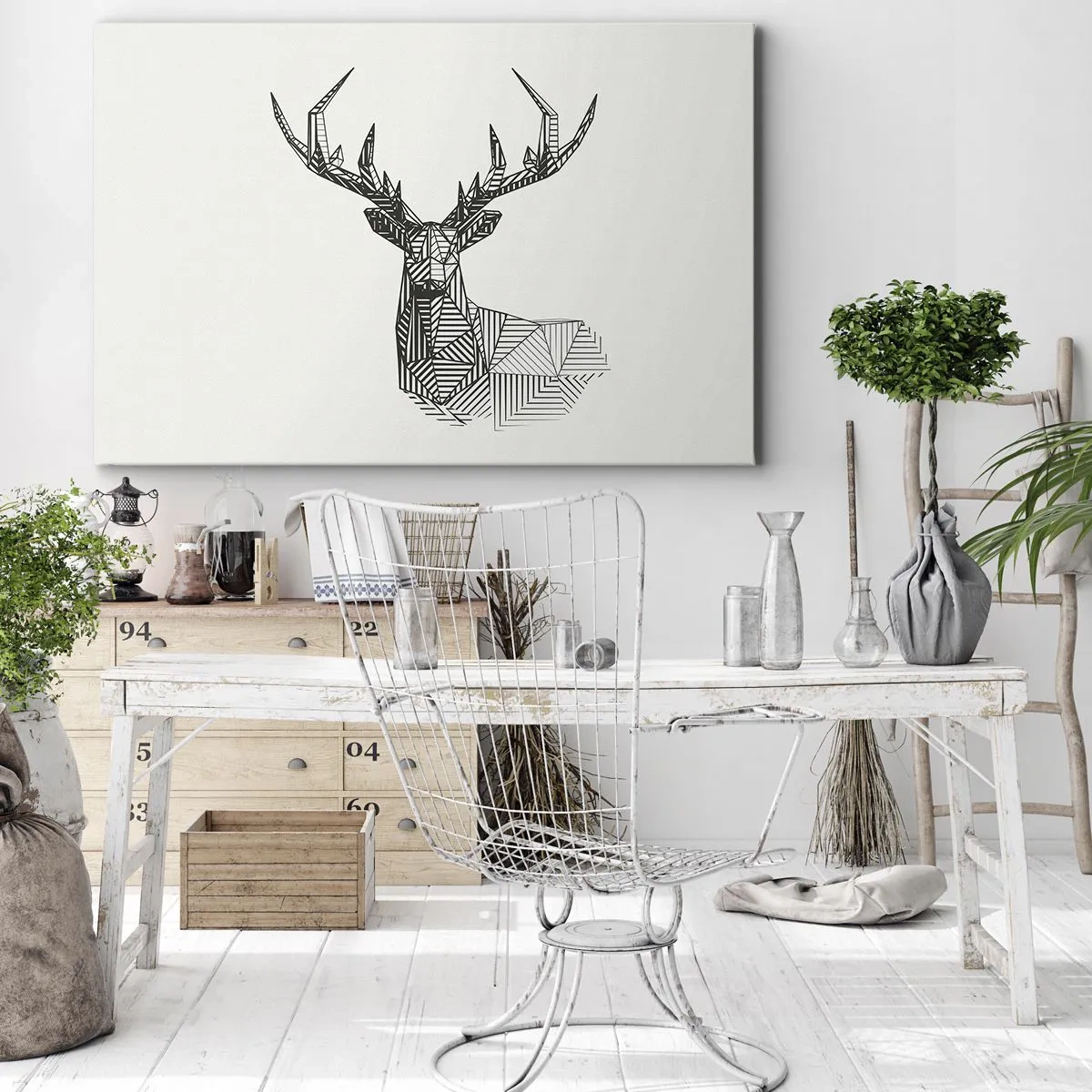 Lærredstryk - Billede på lærred - Geometrisk billede af en hjort i minimalistisk sort-hvid stil - 70x50cm - Hjorte i kubistisk stil - Moderne vægdekoration til stue og soveværelse ARTTOR