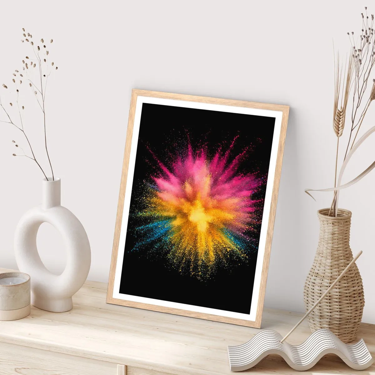 Plakat i ramme af lyst egetræ - Farvernes fødsel  - 40x50 cm