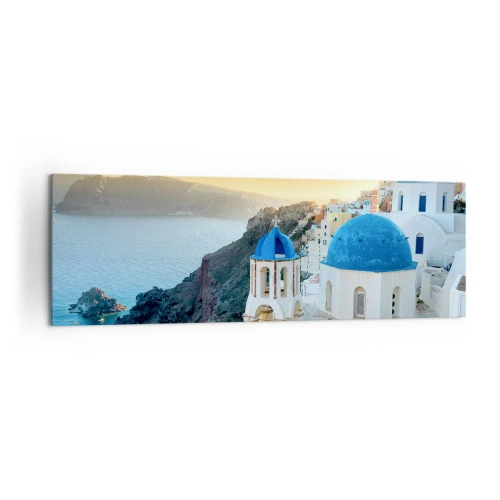 Lærredstryk - Billede på lærred - Santorini - omfavnet af klipperne - 160x50 cm