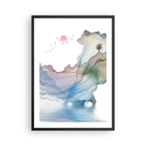 Plakat i sort ramme - Farverige, lagdelte bjerge over en rolig sø med et træ - 50x70cm - Mod krystalbjergene - Moderne vægdekoration til stue og soveværelse ARTTOR