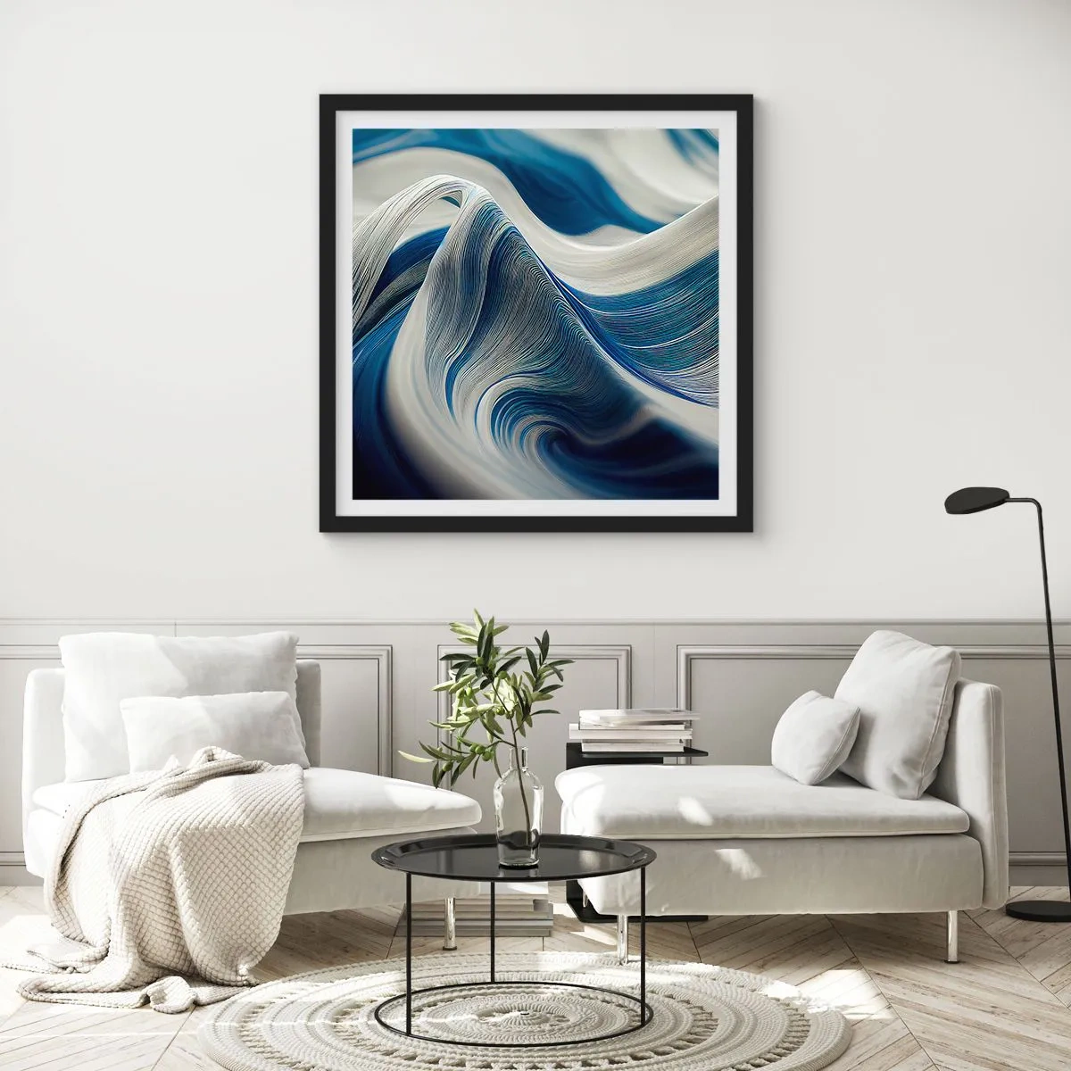 Plakat i sort ramme - Flydende blå og hvide farver - 30x30 cm