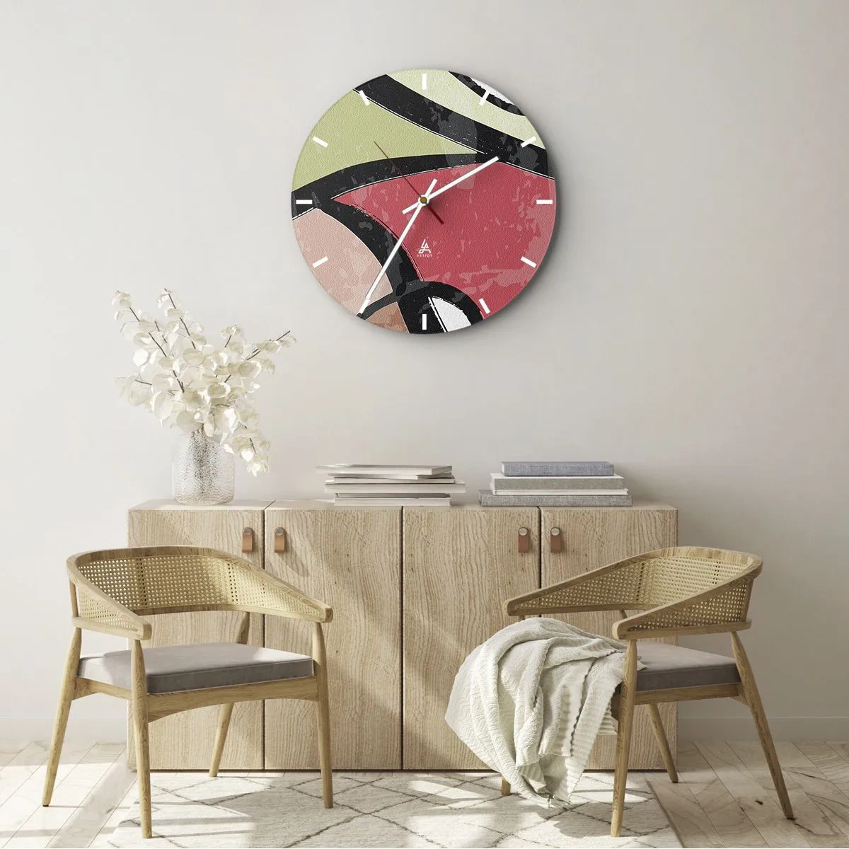 Vægur, Uret - Farverige abstrakte former i pastelfarver - 30x30cm - Pirouetter blandt farver - Moderne vægdekoration til stue, køkken og soveværelse ARTTOR