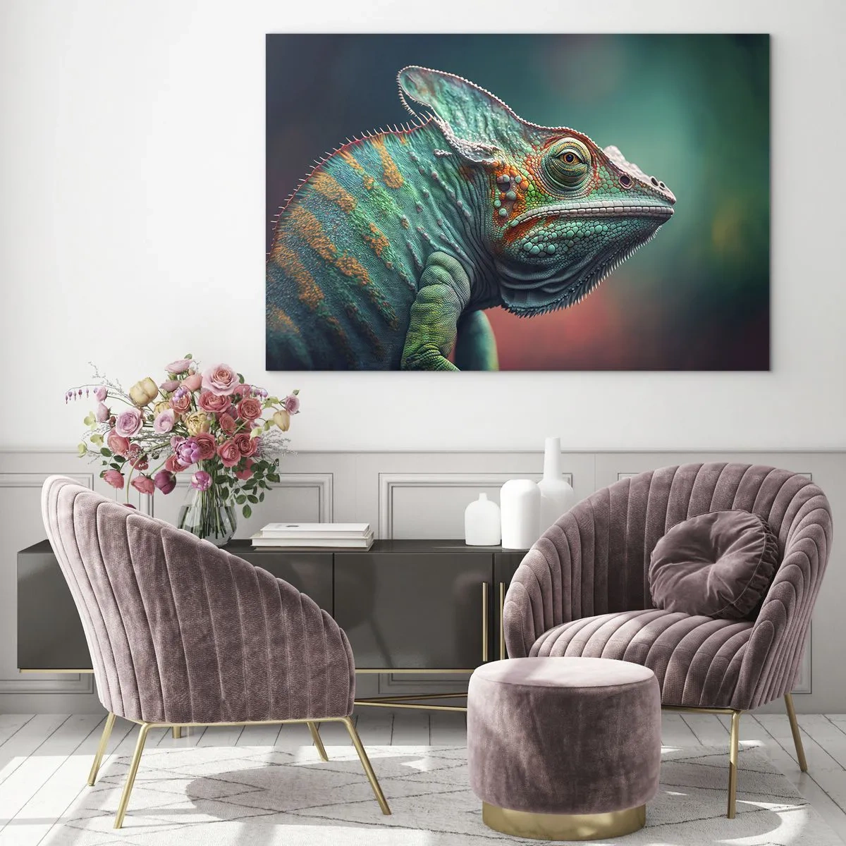 Billede på glas - En farverig kamæleon mod en sløret baggrund i intenst lys. - 70x50cm - Kan du se mig? Ikke godt... - Moderne vægdekoration til stue og soveværelse ARTTOR