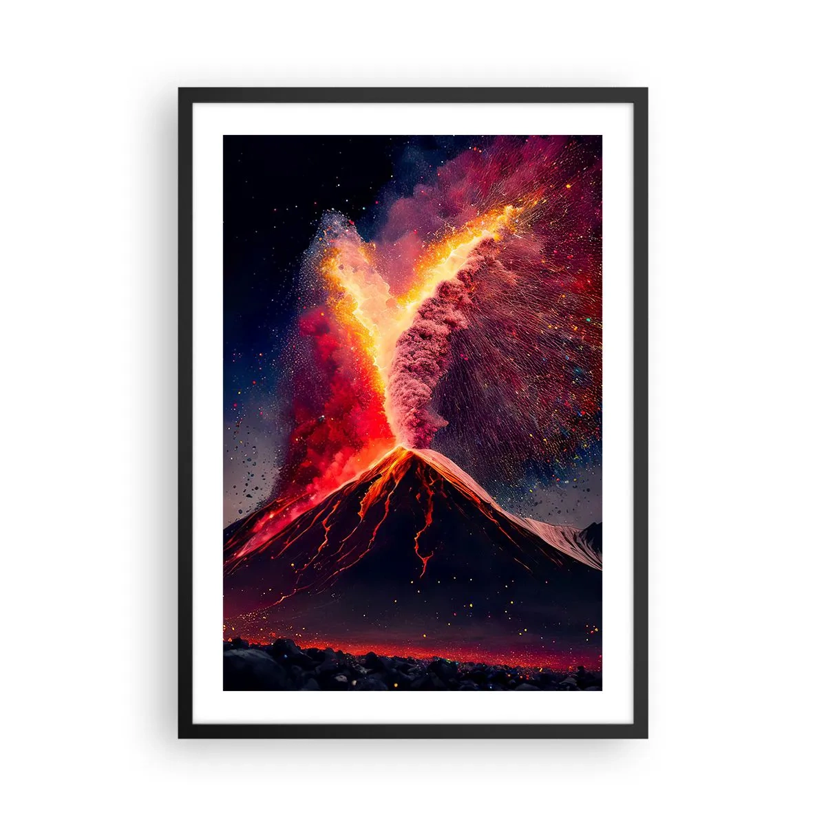 Plakat i sort ramme - En udbrudt vulkan i et natlandskab - 50x70cm - Skønhed og rædsel - Moderne vægdekoration til stue og soveværelse ARTTOR
