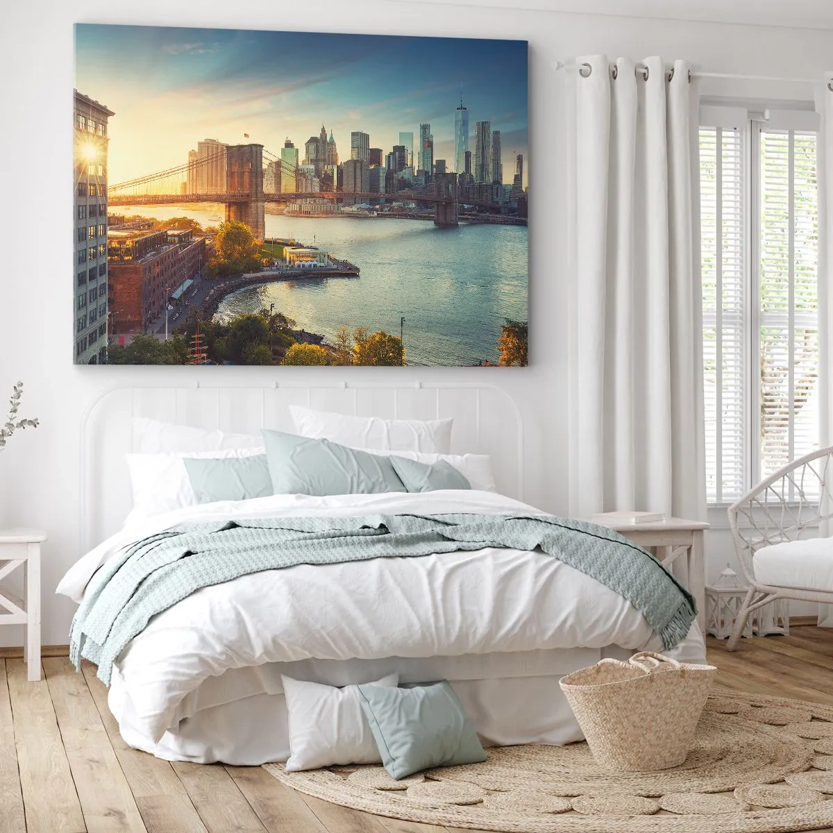 Lærredstryk - Billede på lærred - Panorama over byen med broen ved solnedgang - 70x50cm - Den store bys daggry - Moderne vægdekoration til stue og soveværelse ARTTOR