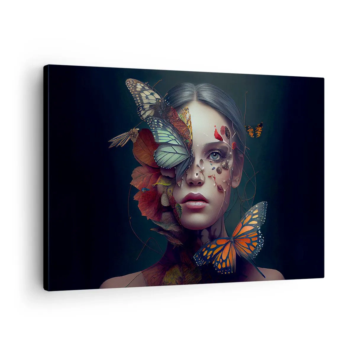 Lærredstryk - Billede på lærred - Portræt af en kvinde med sommerfugle og planteelementer - 70x50cm - En vidunderlig metamorfose - Moderne vægdekoration til stue og soveværelse ARTTOR