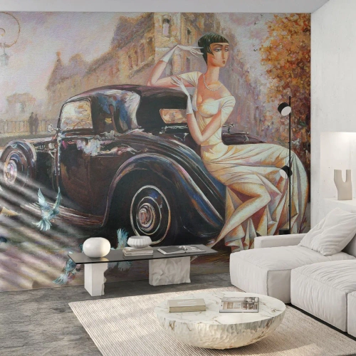 Fototapet Premium Canvas - Retro elegance - Retro bil, Kvinde, Palads - 200x140 cm