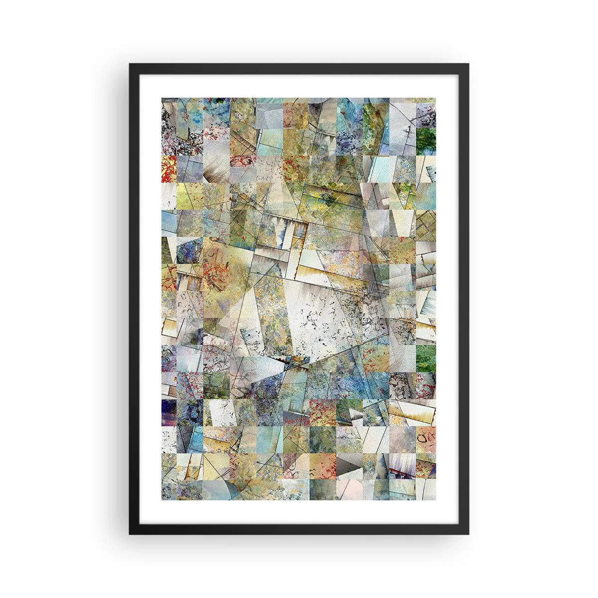 Plakat i sort ramme - En abstrakt mosaik af geometriske former i jordfarver. - 50x70cm - Geometrisk ommøblering - Moderne vægdekoration til stue og soveværelse ARTTOR