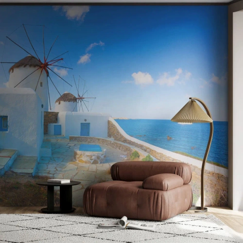 Fototapet Standard Eco - Hvide vindmøller over et blåt hav i et middelhavslandskab - 100x70cm - Blå vind fra havet - Moderne vægdekoration til stue og soveværelse ARTTOR