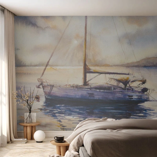 Fototapet Premium Sand - Aften i bugten - Sejlbåd, Fiskeri, Ved havet - 100x70 cm