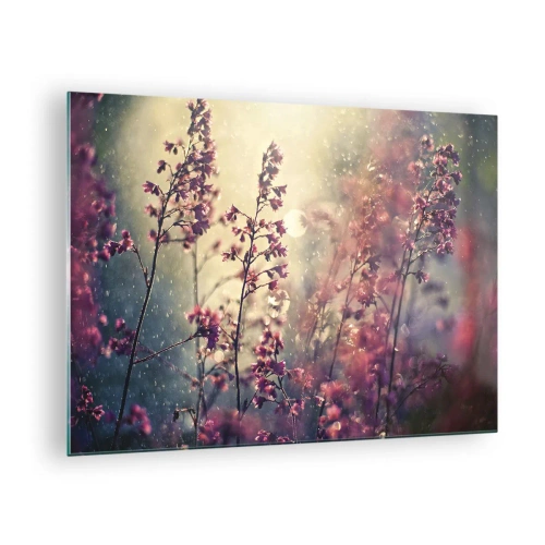Billede på glas - Blomster i sollyset i den milde regn - 70x50cm - Hemmelig have - Moderne vægdekoration til stue og soveværelse ARTTOR