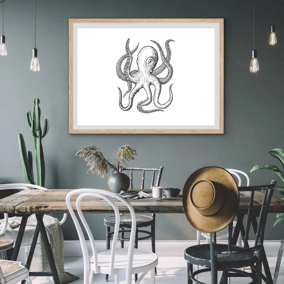 Plakat i ramme af lyst egetræ - Dans med bølger - 100x70 cm