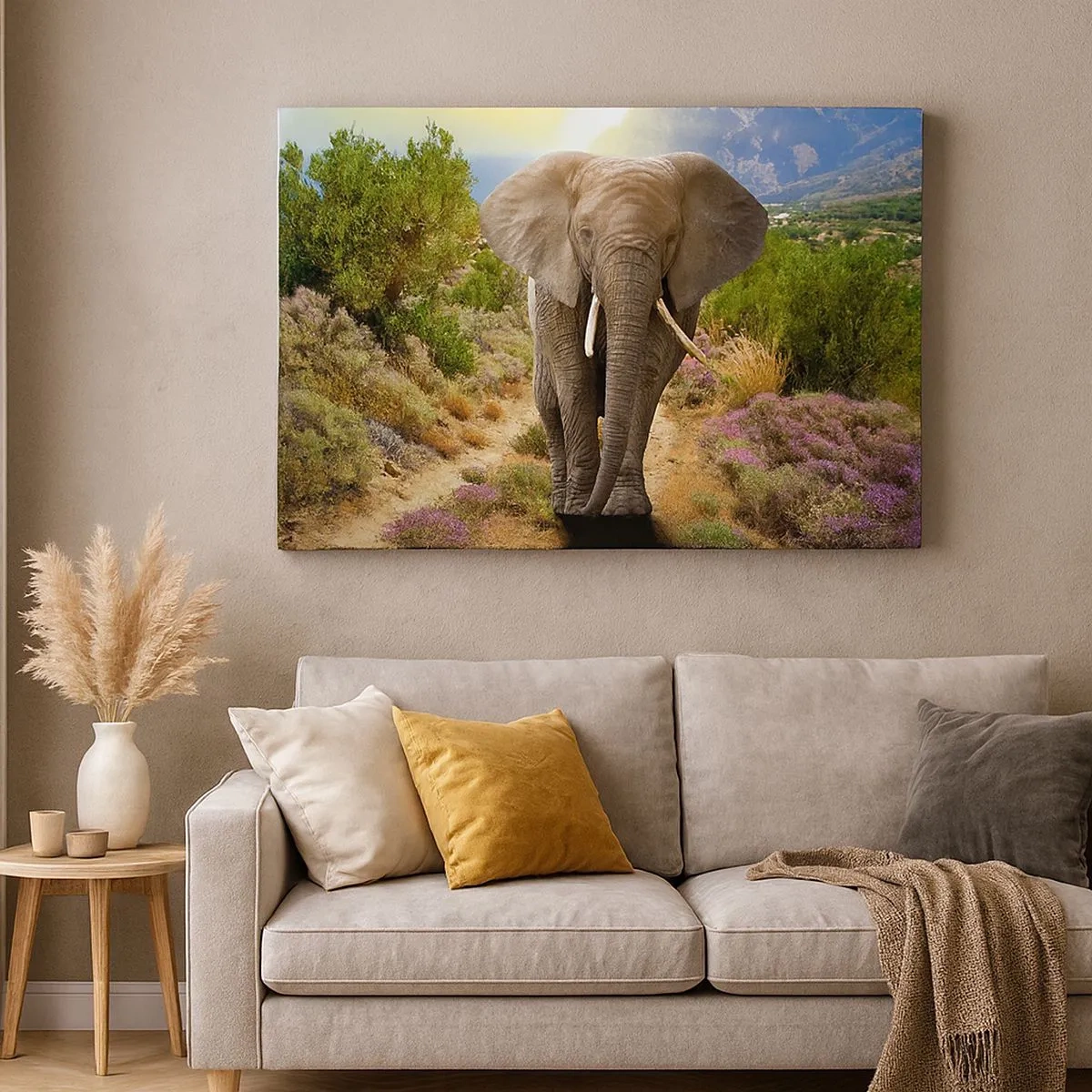 Lærredstryk - Billede på lærred - En afrikansk elefant mod et savanne- og bjerglandskab - 70x50cm - Sådan så Eden ud - Moderne vægdekoration til stue og soveværelse ARTTOR