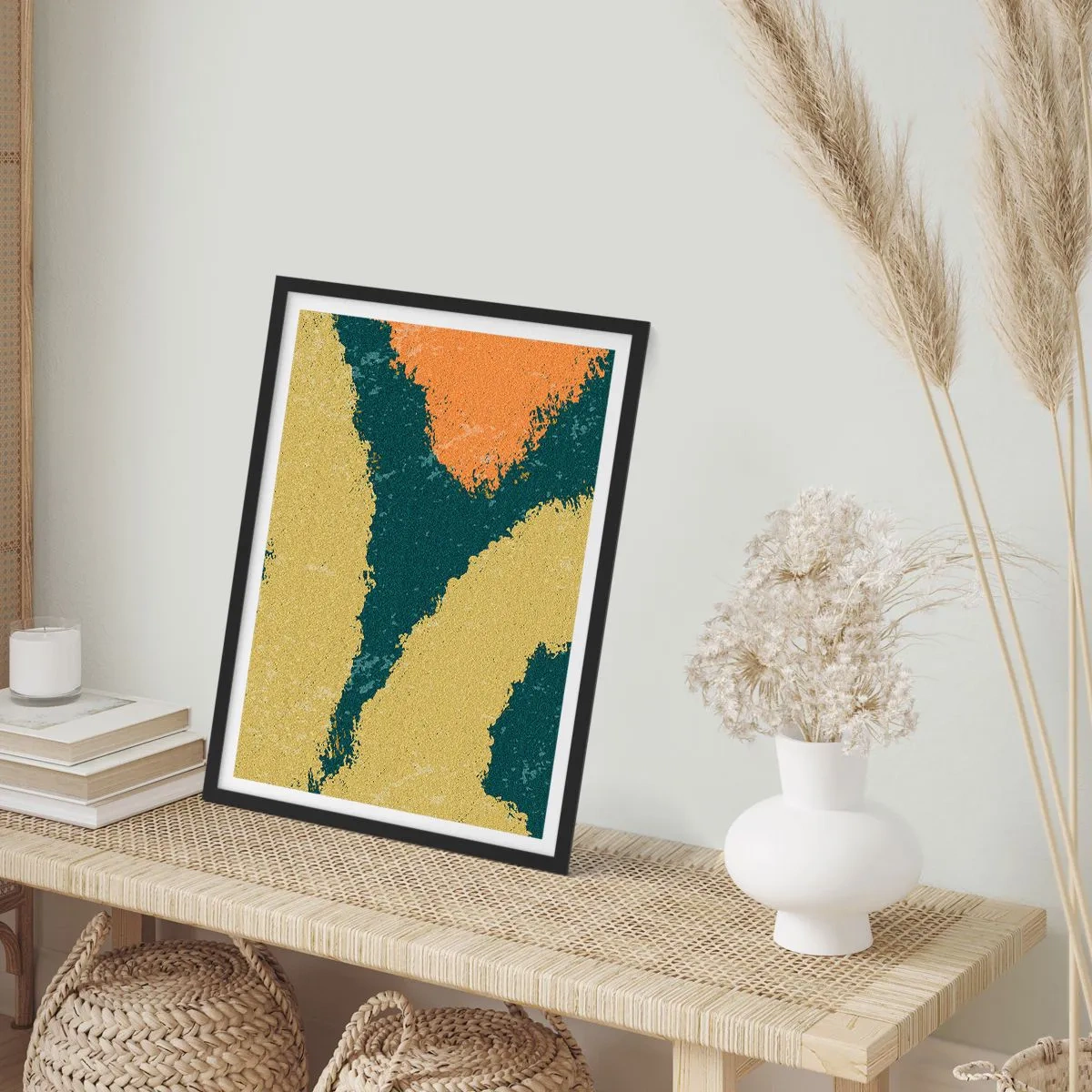 Plakat i sort ramme - Abstrakte farvepletter i nuancer af grønt og orange - 50x70cm - Abstraktion - i slowmotion - Moderne vægdekoration til stue og soveværelse ARTTOR