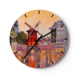 Vægur, Uret - Moulin Rouge i en malerisk fortolkning af byens landskab - 30x30cm - Parisiske ikoner - Moulin Rouge - Moderne vægdekoration til stue, køkken og soveværelse ARTTOR