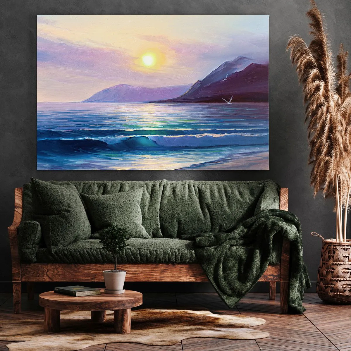 Lærredstryk - Billede på lærred - Et malerisk havlandskab ved solnedgang med bølger og bjerge - 70x50cm - Vand- og luftkrystal - Moderne vægdekoration til stue og soveværelse ARTTOR