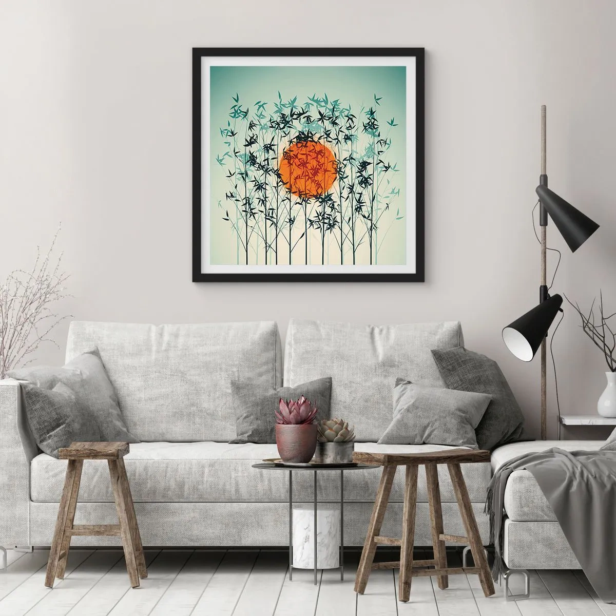 Plakat i sort ramme - Japansk sol - 30x30 cm