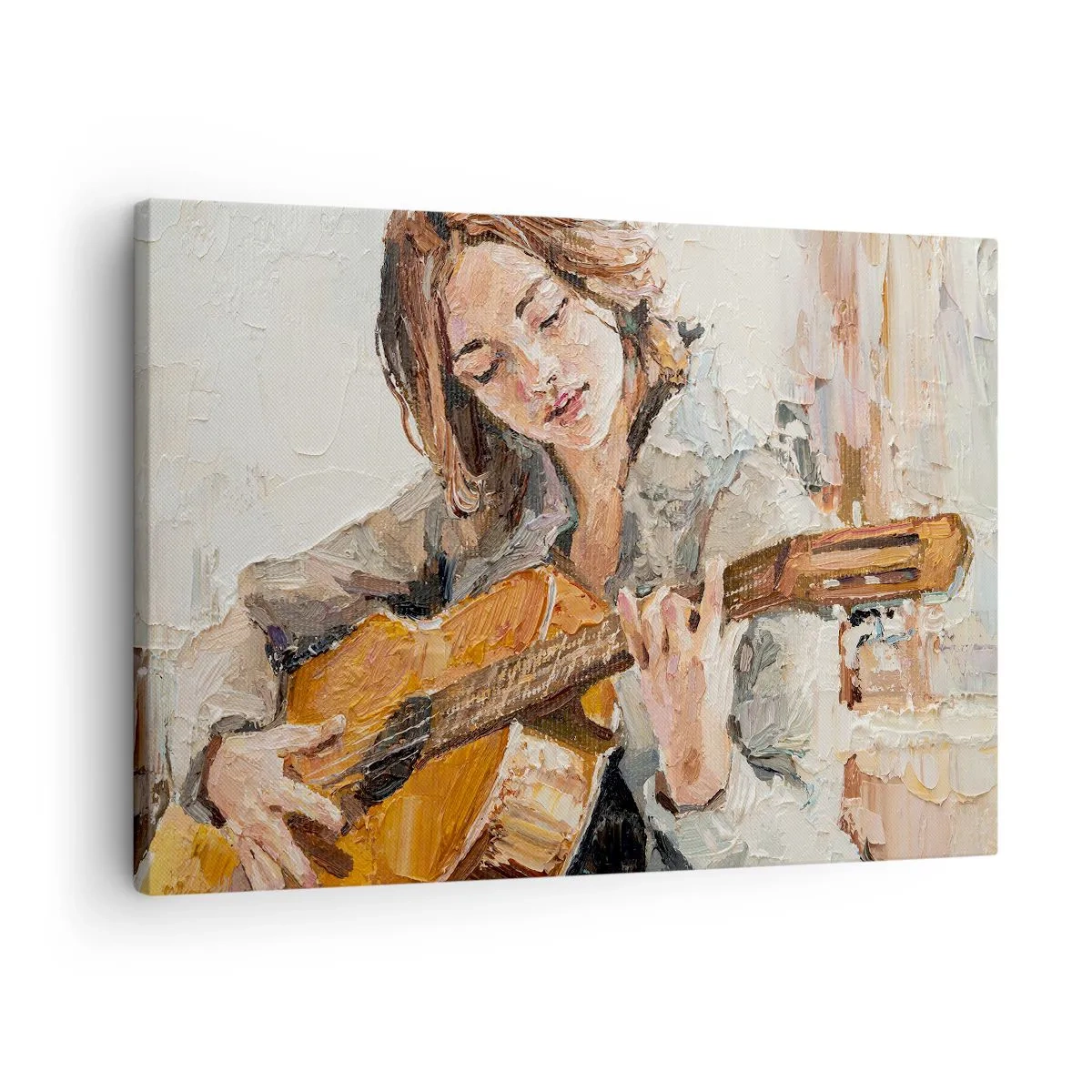Lærredstryk - Billede på lærred - Portræt af en pige, der spiller guitar, i malerisk stil med varme farver. - 70x50cm - Koncert for guitar og et pigehjerte - Moderne vægdekoration til stue og soveværelse ARTTOR