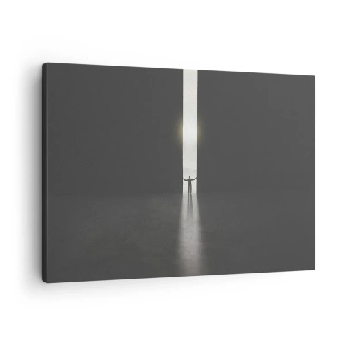Lærredstryk - Billede på lærred - En mand stående i lyset af en smal sprække i et mørkt rum - 70x50cm - Et skridt mod en lys fremtid - Moderne vægdekoration til stue og soveværelse ARTTOR