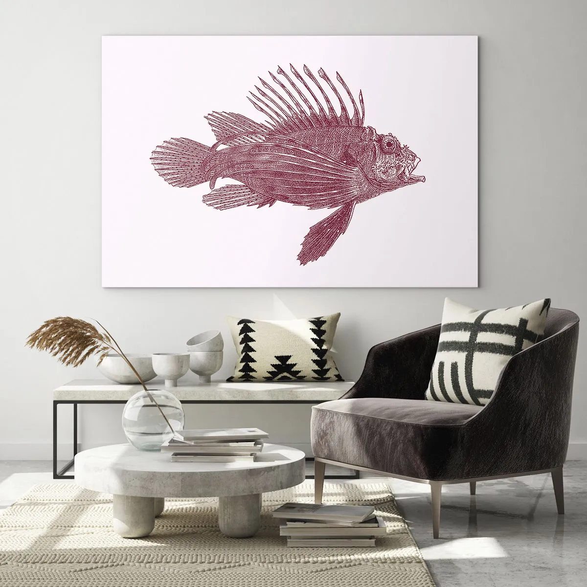 Billede på glas - Skitse af en eksotisk fisk i bordeauxrød farve på en lys baggrund - 70x50cm - En beboer i eksotiske farvande - Moderne vægdekoration til stue og soveværelse ARTTOR