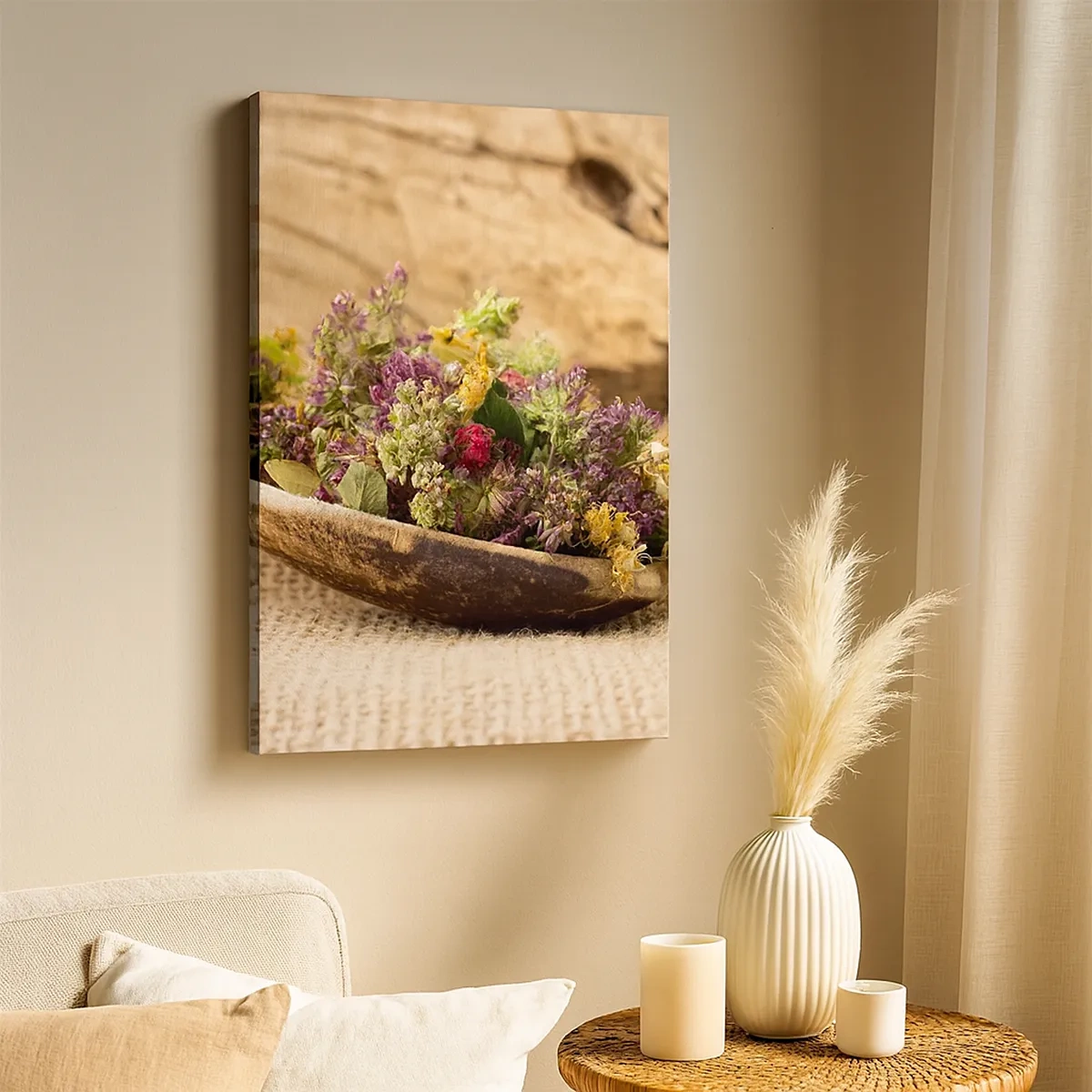 Lærredstryk - Billede på lærred - Farverige blomster og velduftende urter - 50x70 cm
