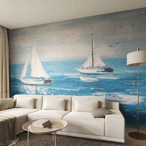 Fototapet Standard Eco - To sejlbåde på et roligt blåt hav - 100x70cm - Med en ven ved din side - Moderne vægdekoration til stue og soveværelse ARTTOR