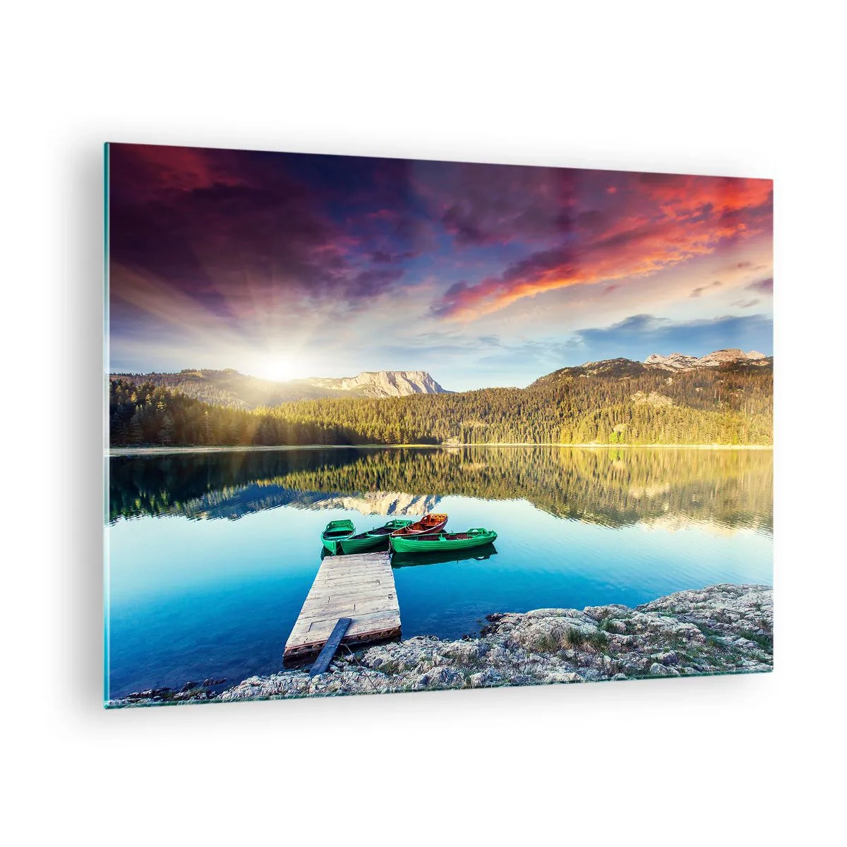 Billede på glas - En malerisk sø med en træmole og både ved solnedgang - 70x50cm - Over vand så glat som et spejl - Moderne vægdekoration til stue og soveværelse ARTTOR